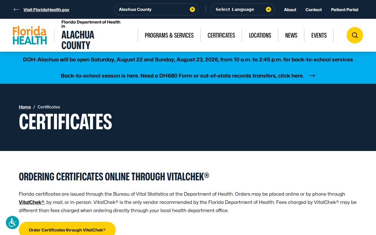 Florida Department of Health in Alachua County certificate services