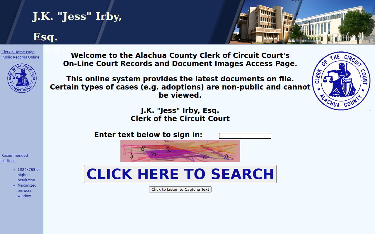 Alachua County court records access page
