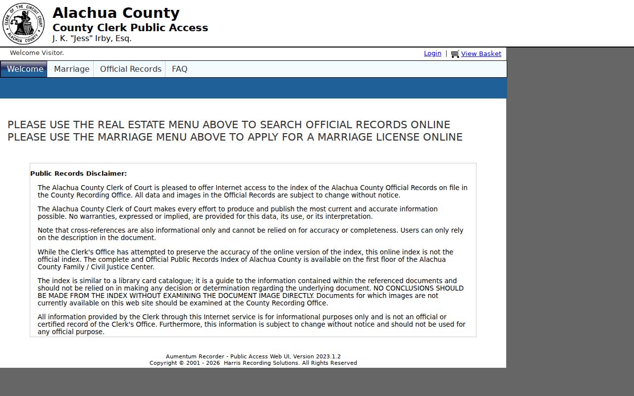 Alachua County Clerk Official Records search screen