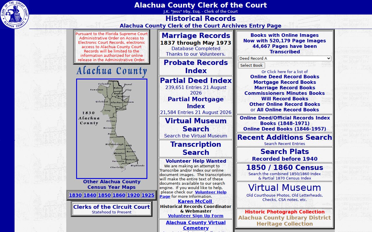 Alachua County city directory Clerk Historical Records archive