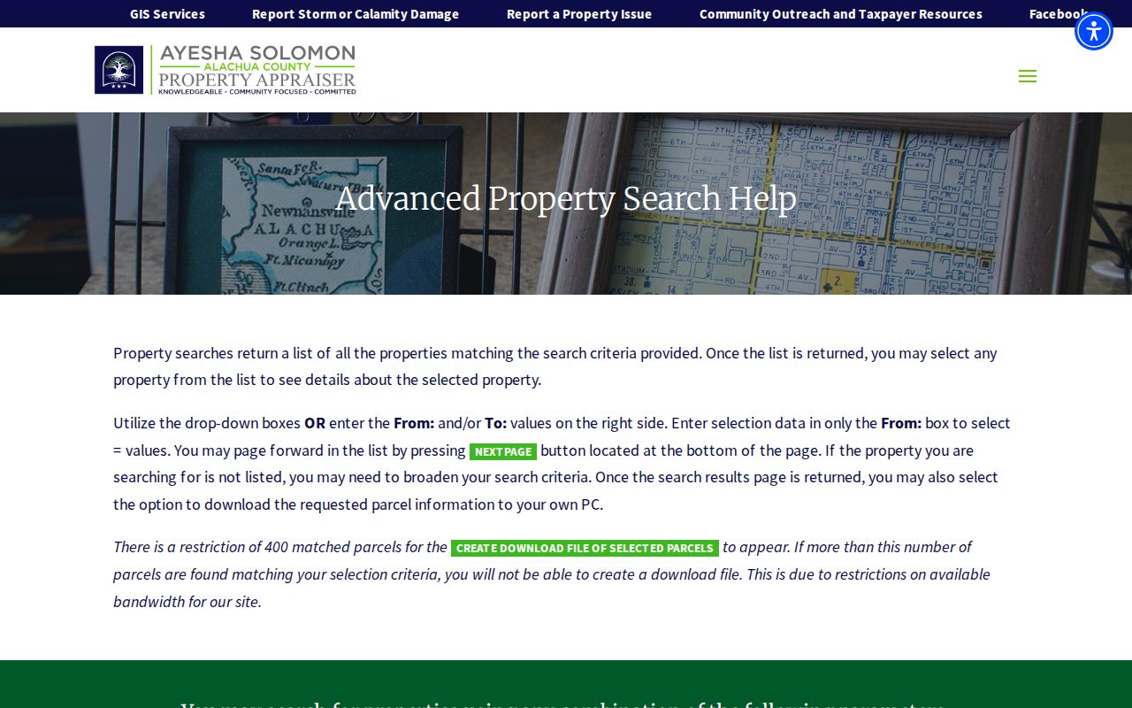 Alachua County neighbors advanced parcel area search