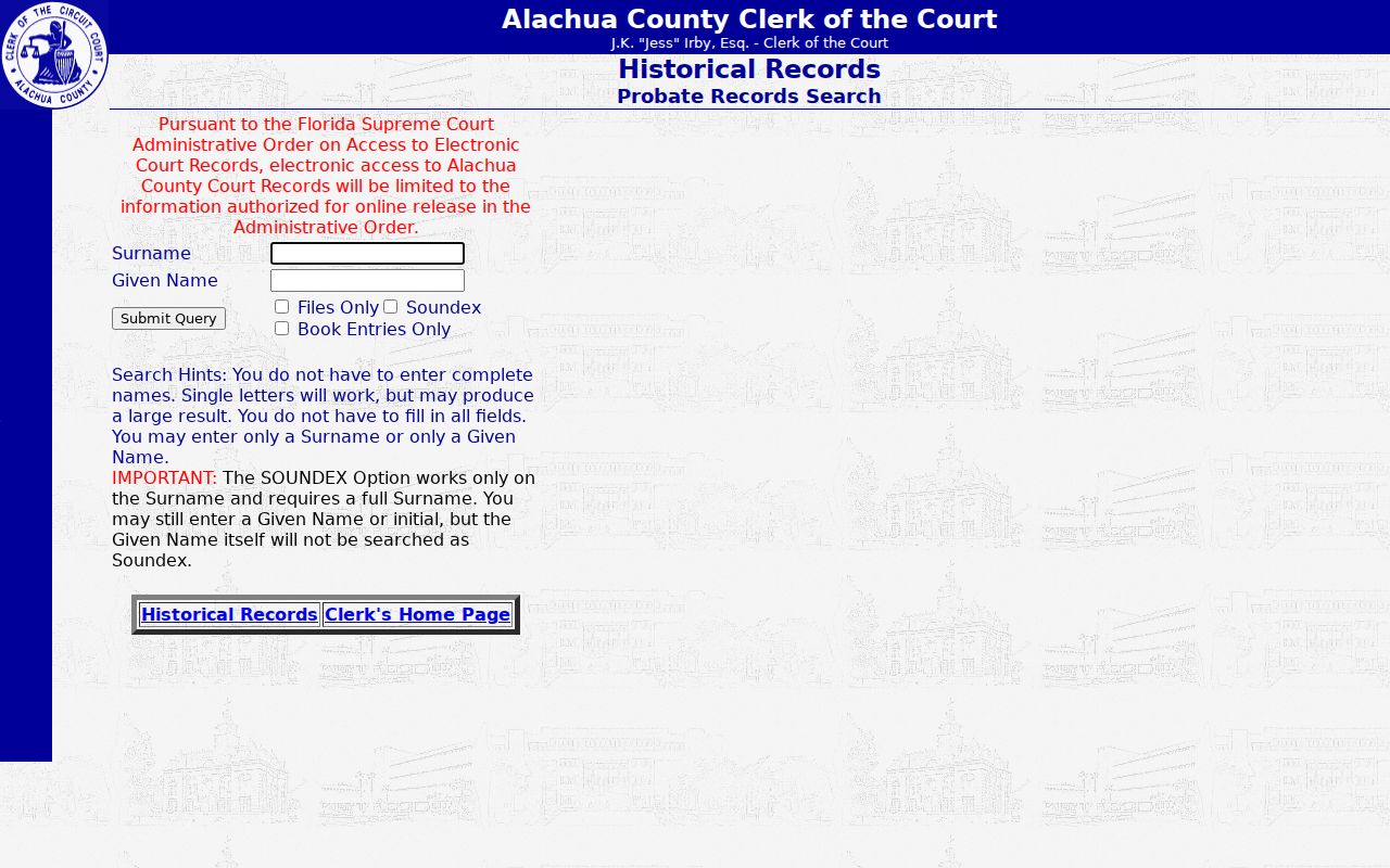 Alachua County previous residents historical probate search